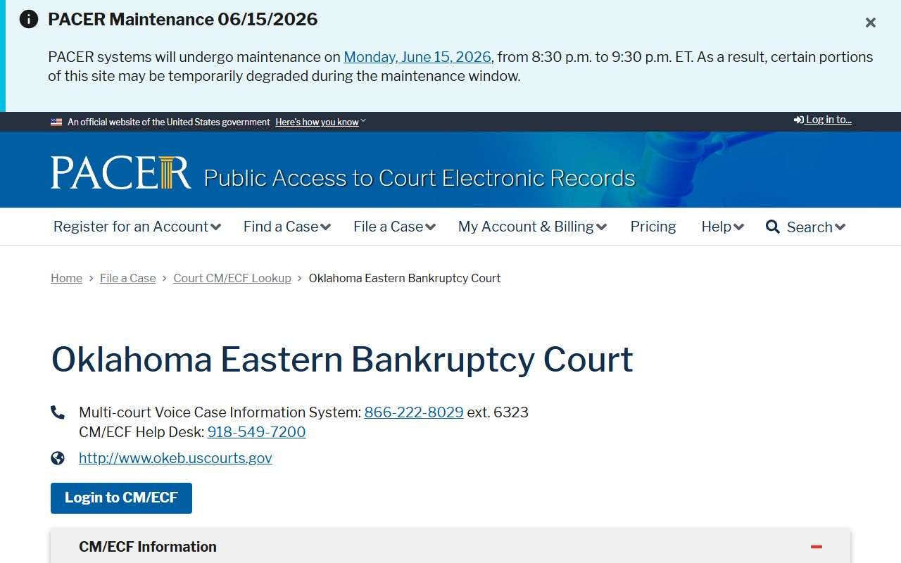 Oklahoma Eastern Bankruptcy Court PACER listing for federal Johnston County dockets