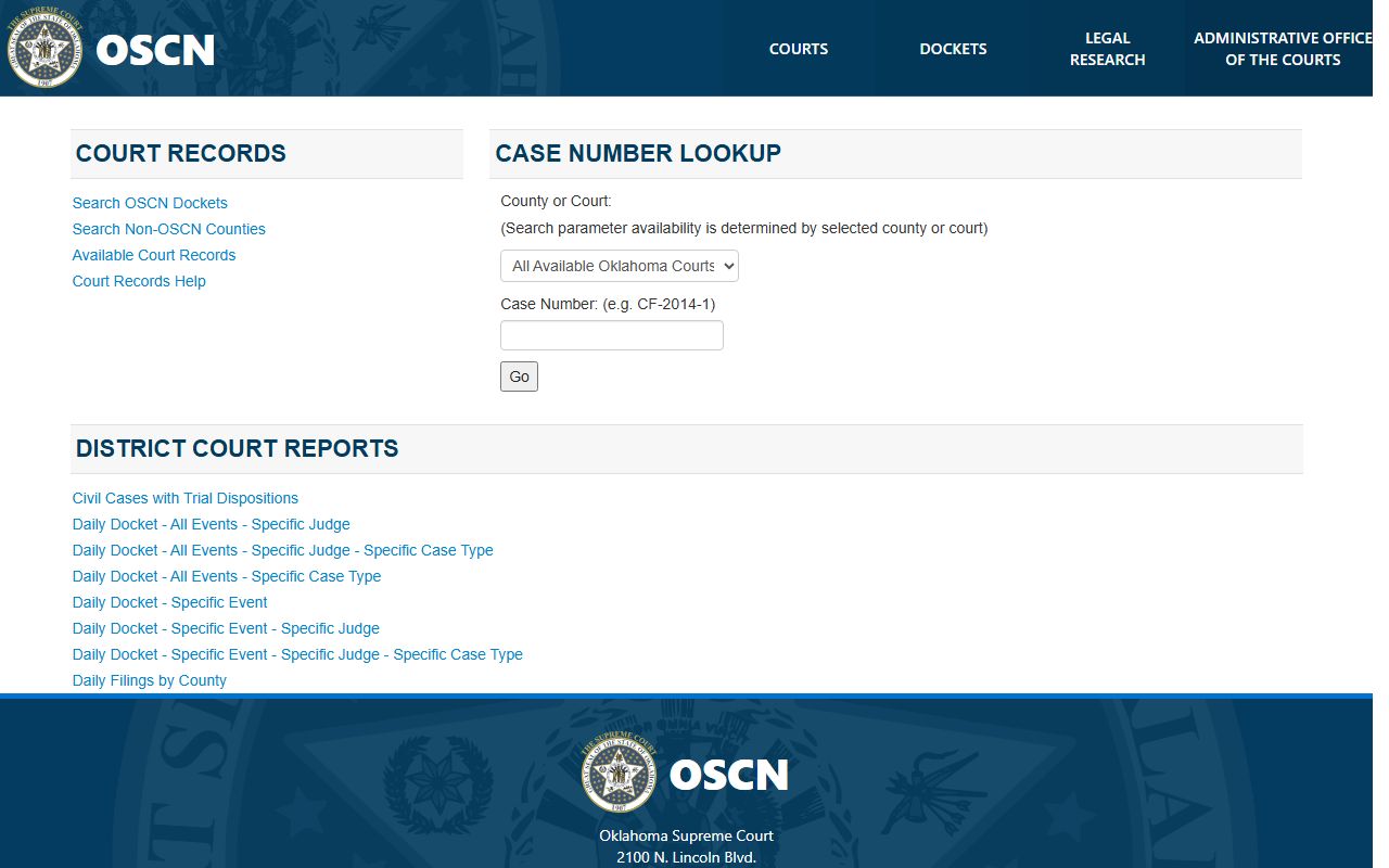 OSCN docket search landing page for Johnston County court dockets