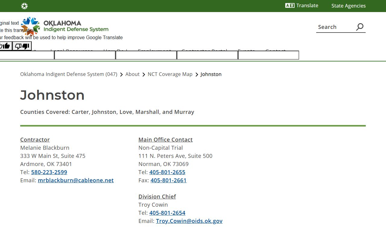 Johnston County District Court OIDS public defense coverage page