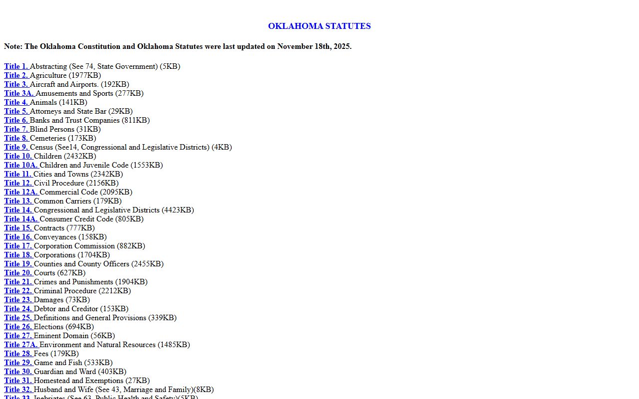 Oklahoma statutes index used for Johnston County court records access